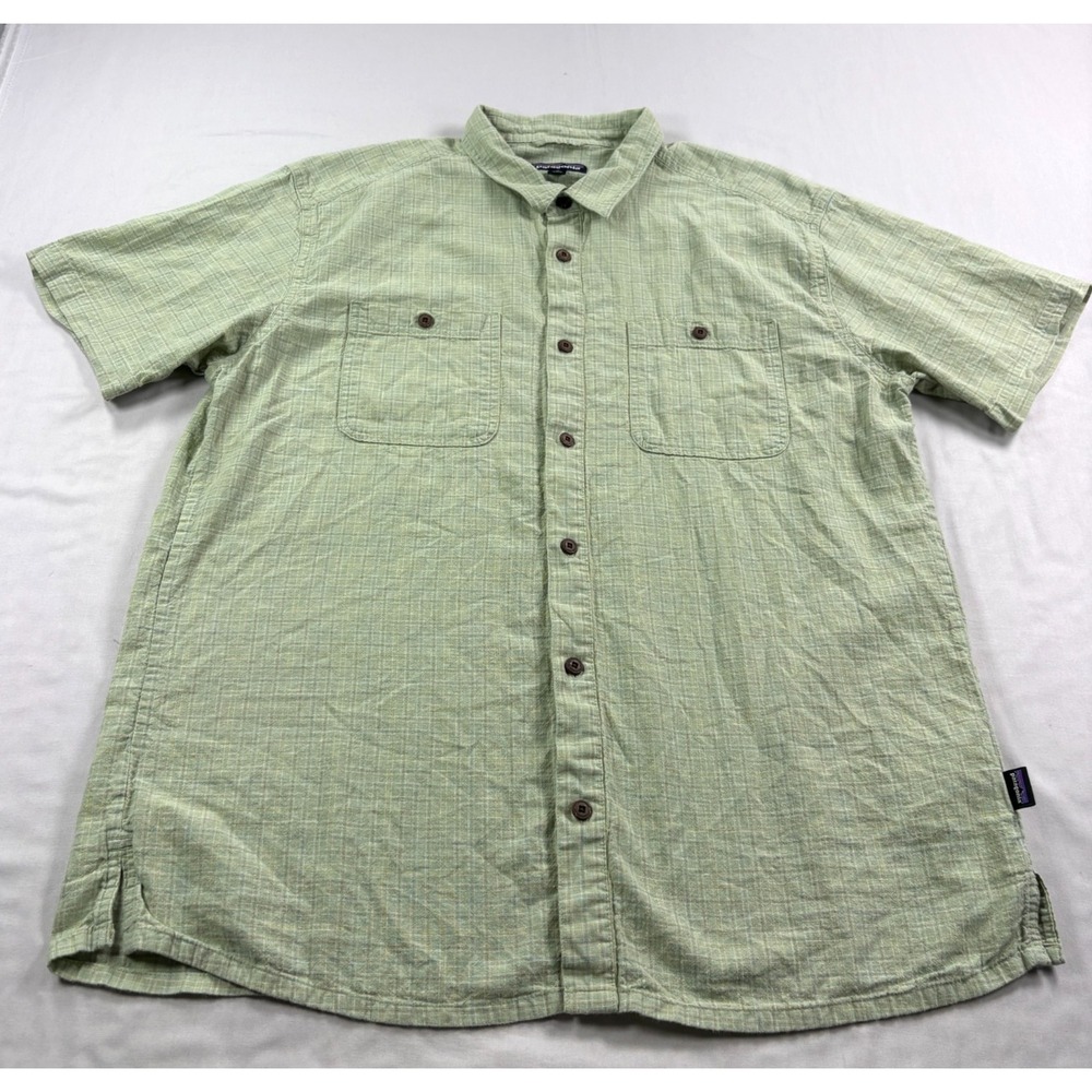 Patagonia Back Step Shirt Mens XL Green Plaid Hemp Blend Button Up Camp Trail